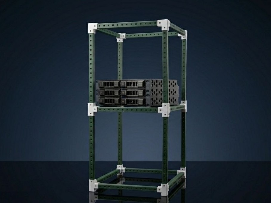 Scaffale modulare verde e bianco con server